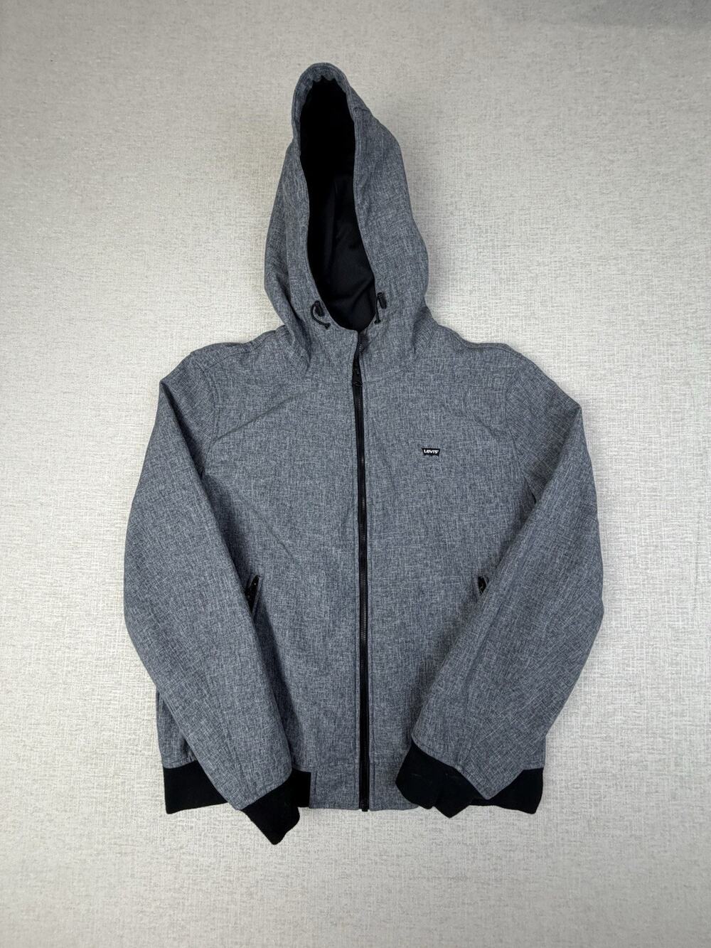 Levi Strauss Mens Black Softshell Hooded Jacket Full Zip Fleece Lined Large